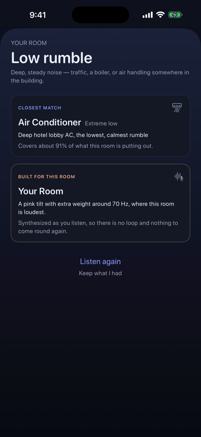 RoomTone results screen comparing a Closest Match library recording to a Custom Match synthesized for the room